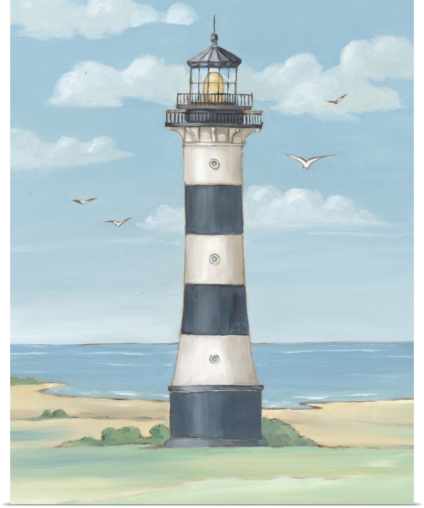 Painting of the striped Cape Canaveral lighthouse in Florida.