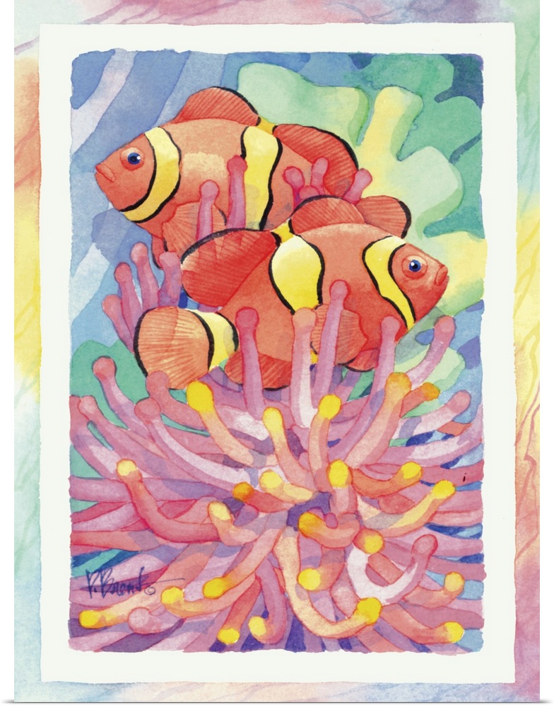 Watercolor painting of two clownfish swimming near anemone, done in pastel colors.