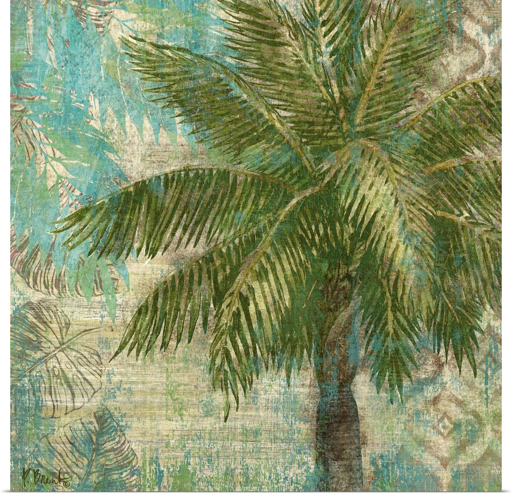 Decorative painting of a palm tree on a background textured with palm leaves.