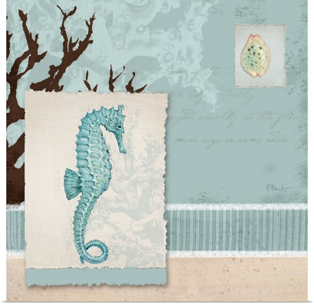 Decorative panel made of nautical-themed elements, including a coral silhouette, a small shell, and a seahorse.