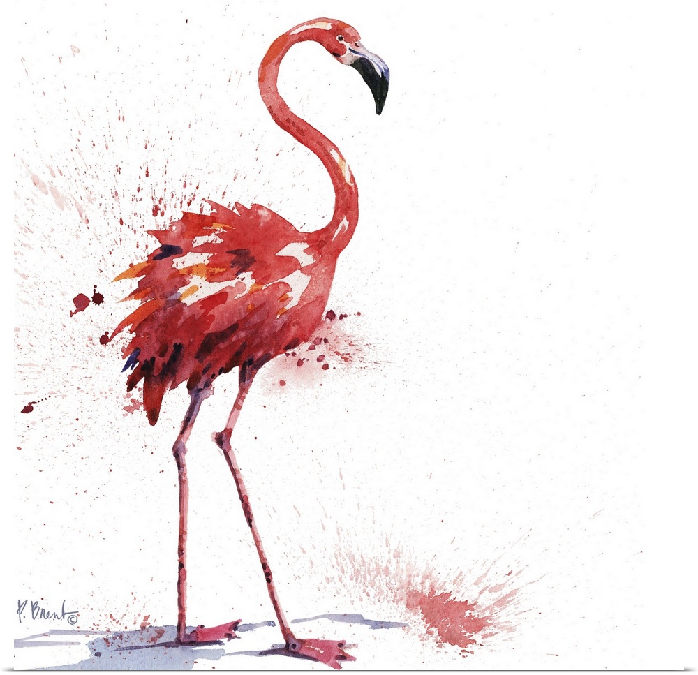 Square watercolor painting of a flamingo on a white background with pink paint splatter.