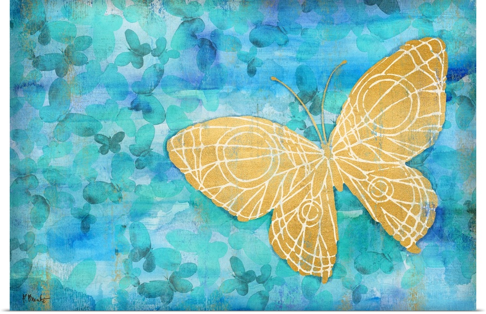 Metallic gold butterfly on a blue background covered in smaller silhouetted butterflies.