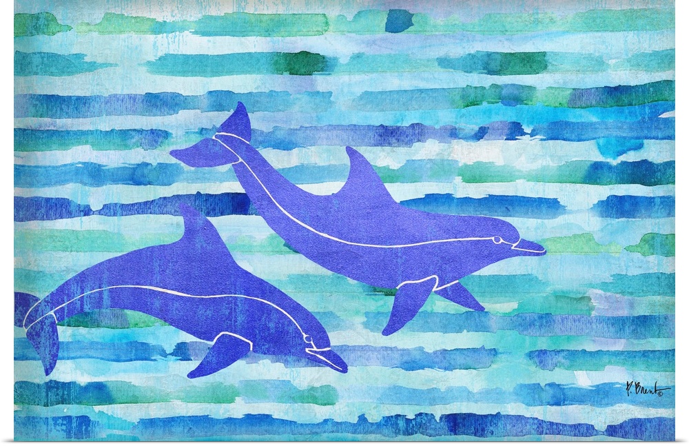 Two dolphins swimming on a striped watercolor background made with shades of blue and green.