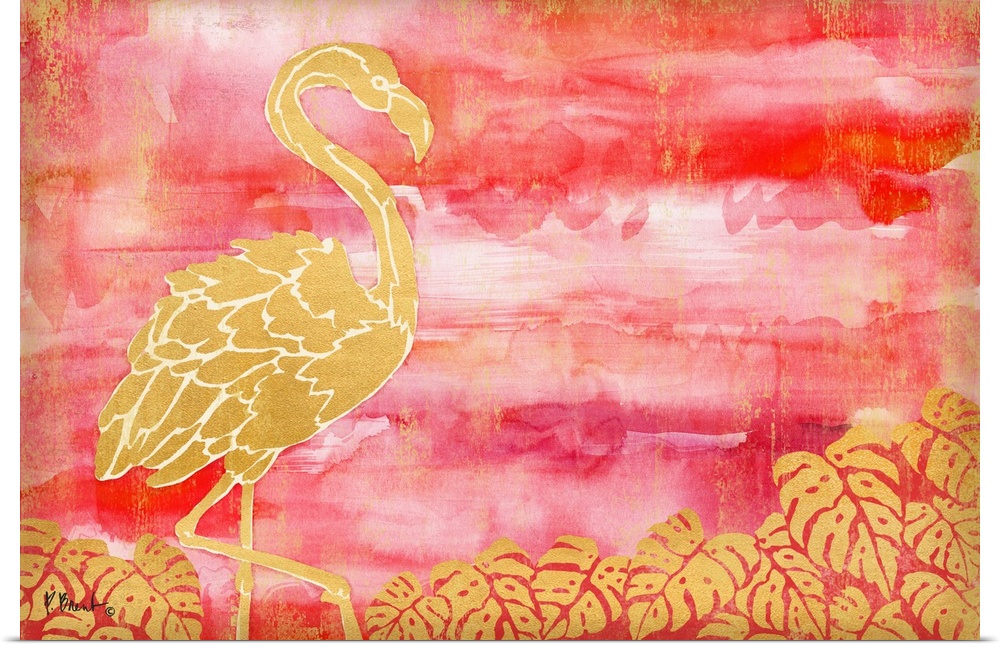 Metallic gold flamingo and palm leaves on a pink watercolor background with gold.