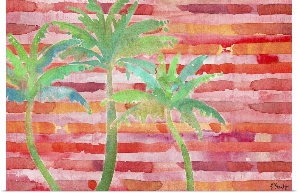 Large watercolor painting with blue and green palm trees on a pink, red, and gold striped background.