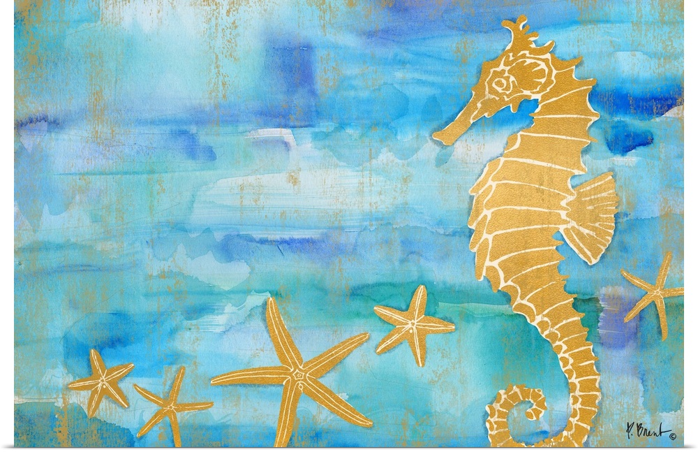 Metallic gold seahorse and starfish on a blue and green watercolor background.