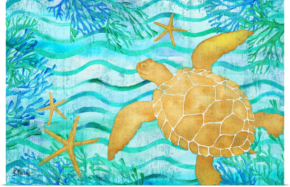 Metallic sea turtle and starfish in a blue and green ocean scene with coral and seaweed.