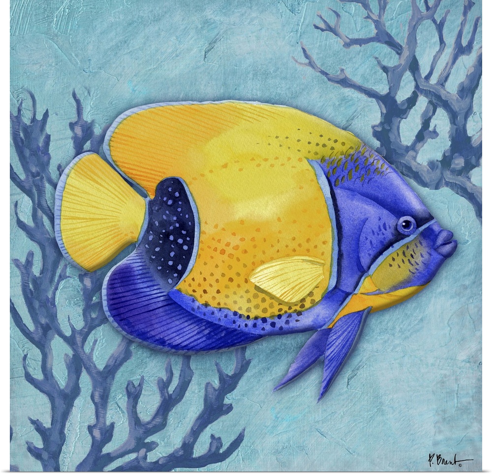 Contemporary painting of a tropical fish with two pieces of coral.