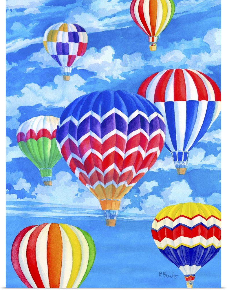 Painting of a sky filled with hot air balloons with rainbow patterns.