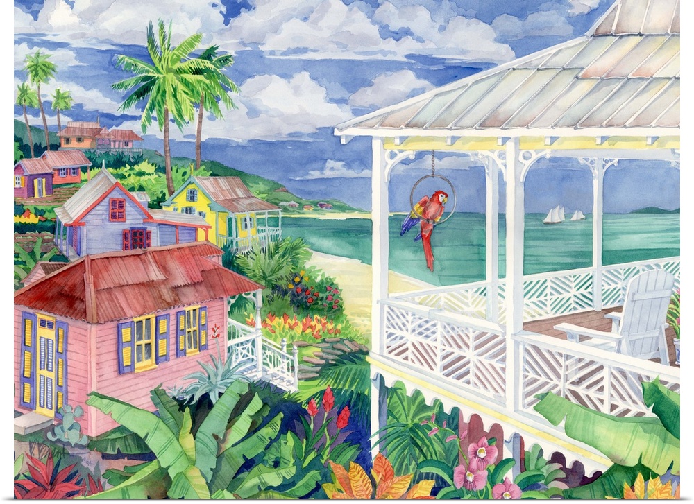 Watercolor painting of a Caribbean resort town.