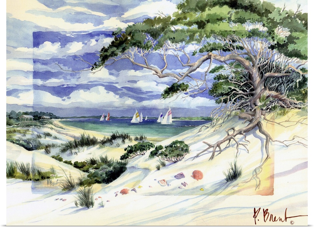Watercolor painting of a seaside landscape with a sandy beach and a large tree reaching over the dunes.