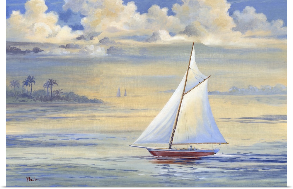 Contemporary painting of a sailboat in the bay at sunrise with large clouds overhead.