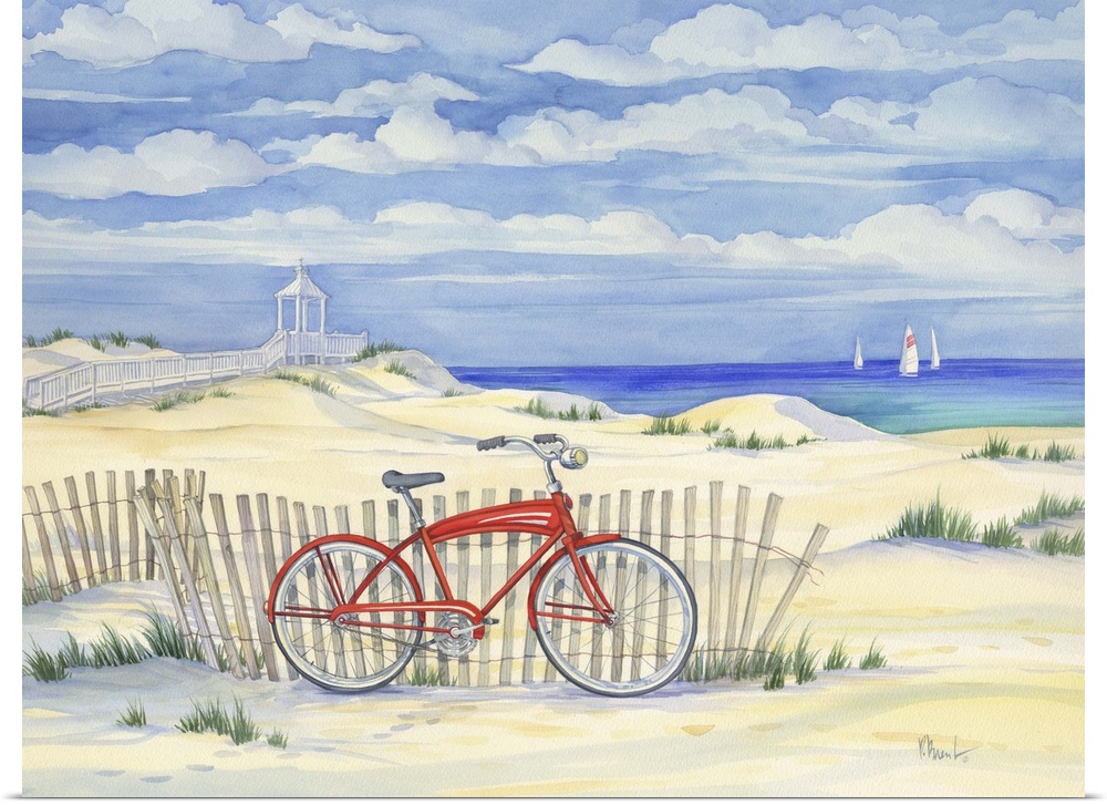 Watercolor painting of a bicycle leaning against a fence on a sandy beach.