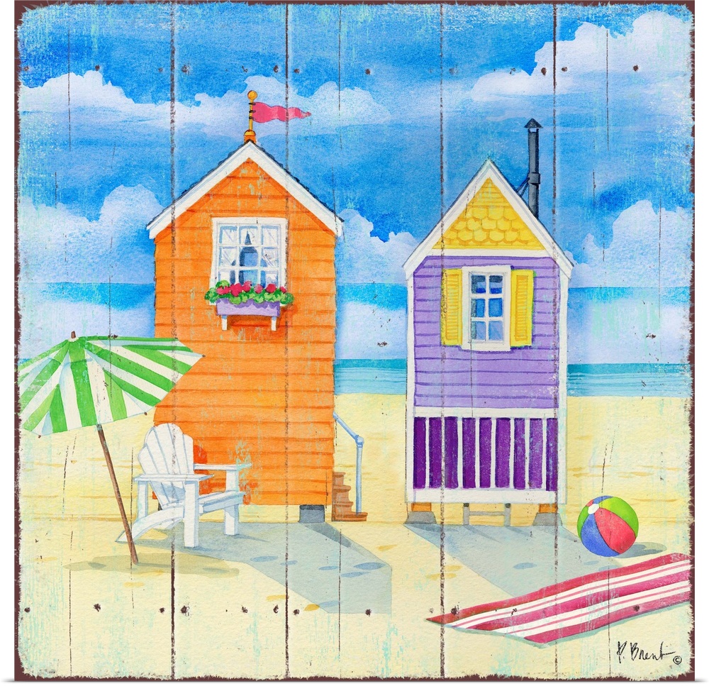 Square decor of cute little beach huts with the ocean in the background on faux wood.
