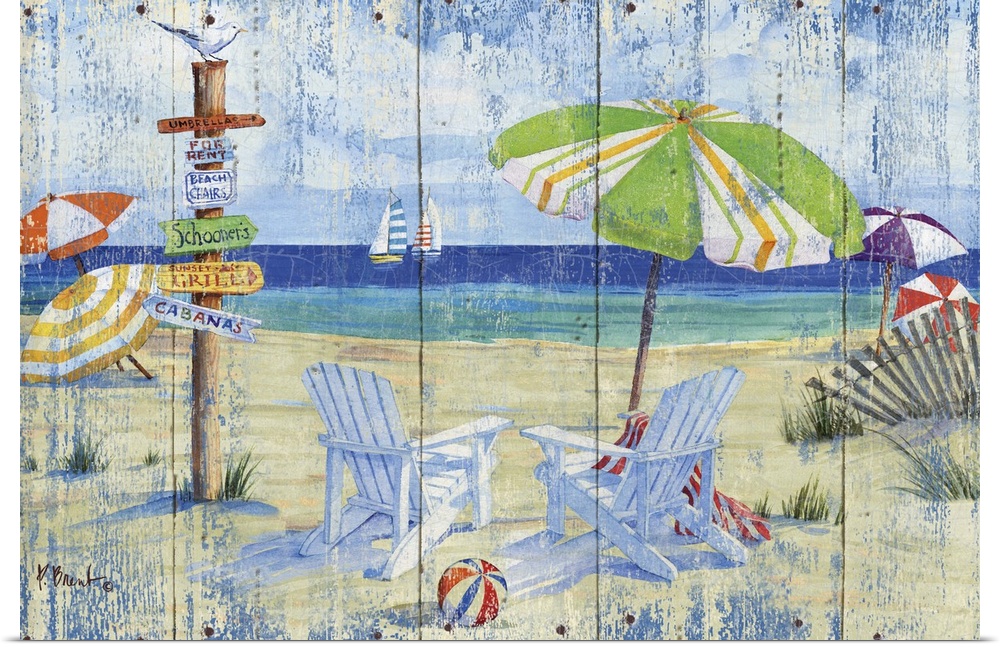 Painting on wood panels of a beach scene with adirondack chairs, a beach umbrella, and signpost.