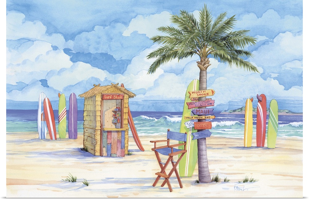 Contemporary painting of a beach scene with many surfboards and a palm tree full of signs.