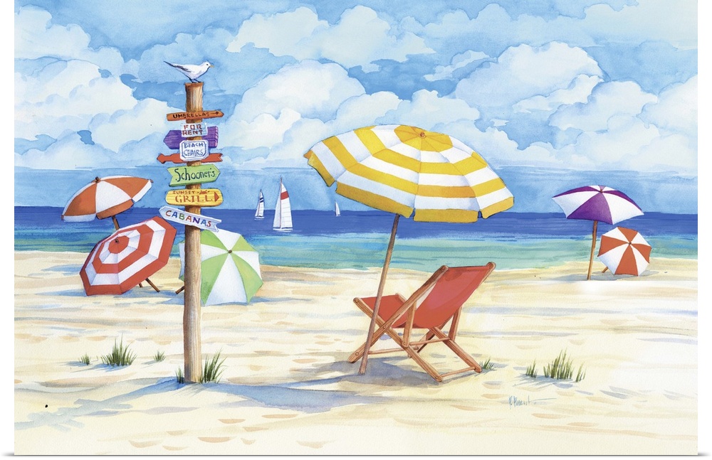 Contemporary painting of a beach scene with many striped umbrellas and a post full of signs.