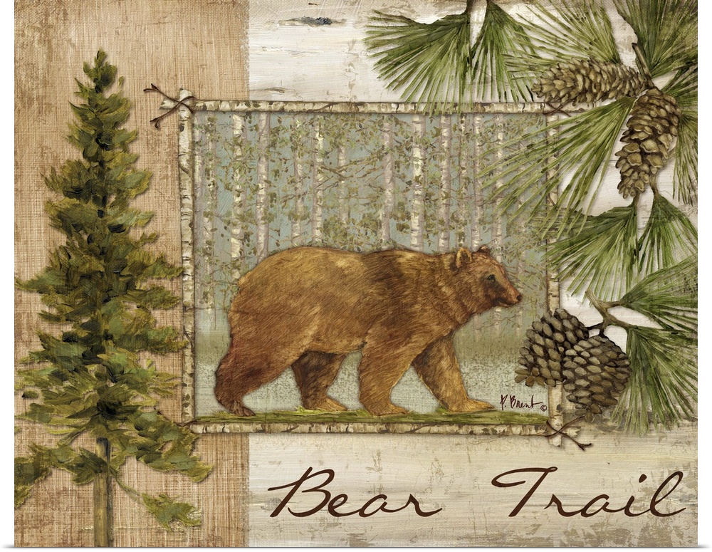 Decorative artwork of a bear in a frame, with pine trees, pinecones, and the words Bear Trail.
