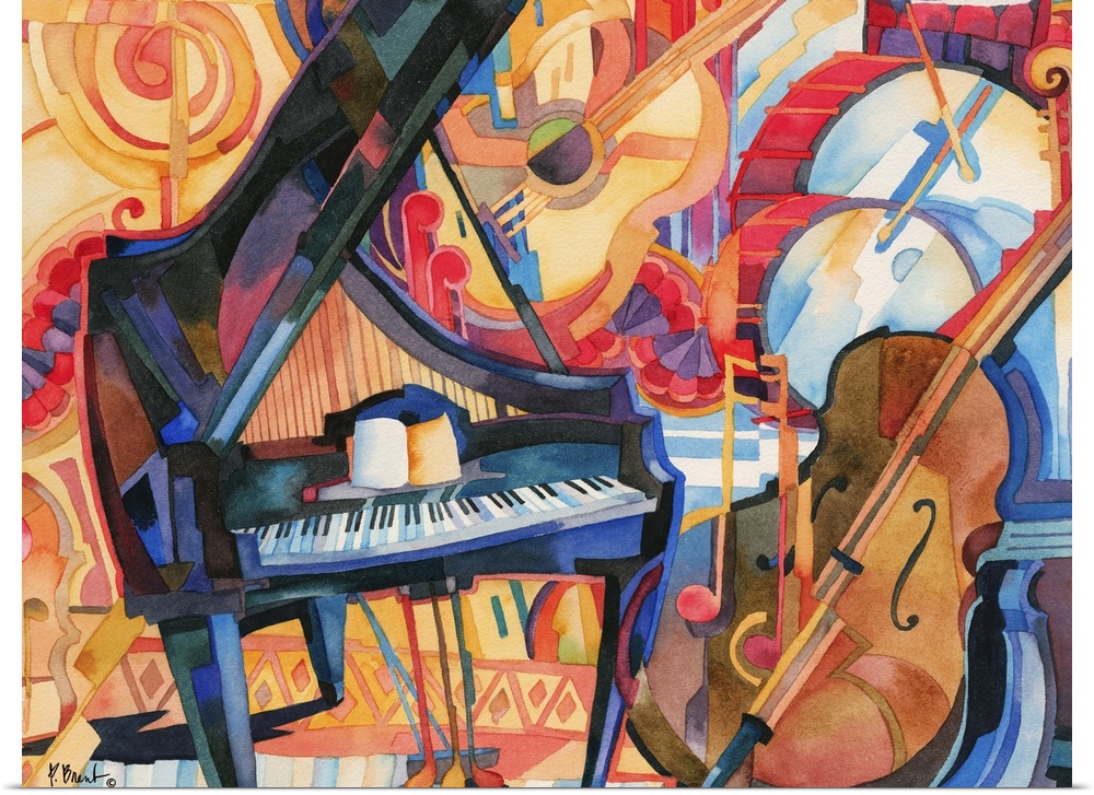 Painting of jazz instruments, including a bass, grand piano, and drum kit.