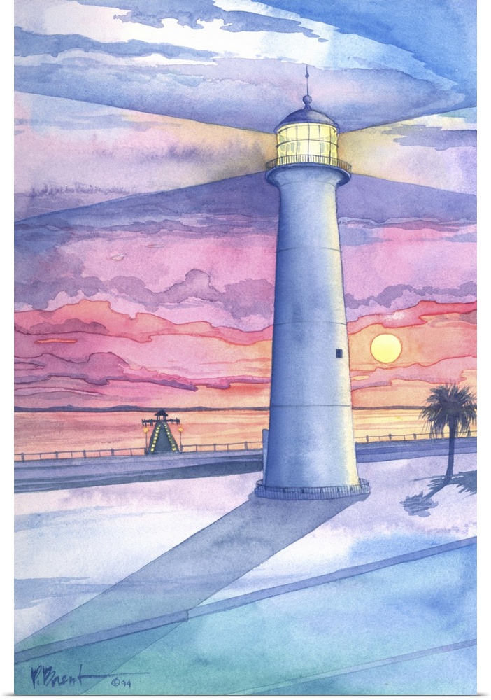 Watercolor painting of a lighthouse at dusk on the shore in Mississippi.