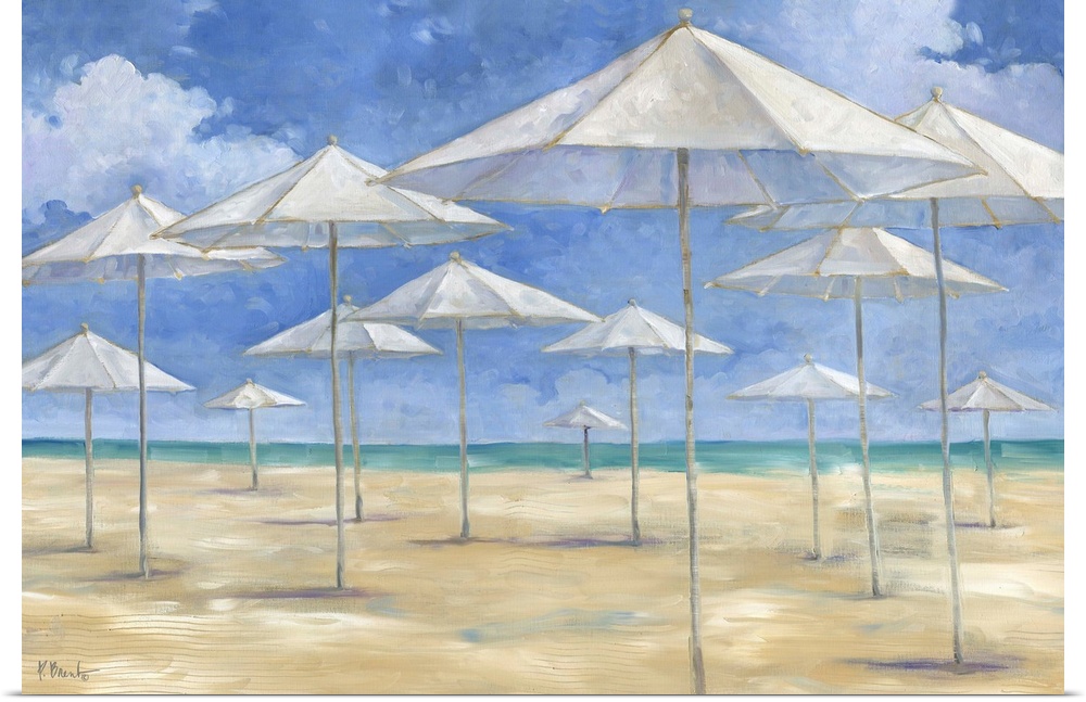 White umbrellas on a sandy beach.