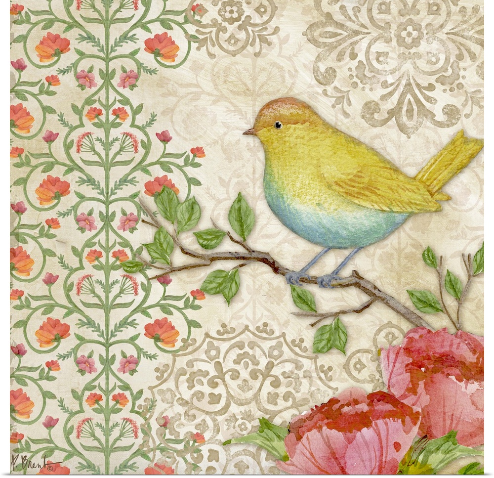 Contemporary decorative artwork with a floral and vine design with a songbird.