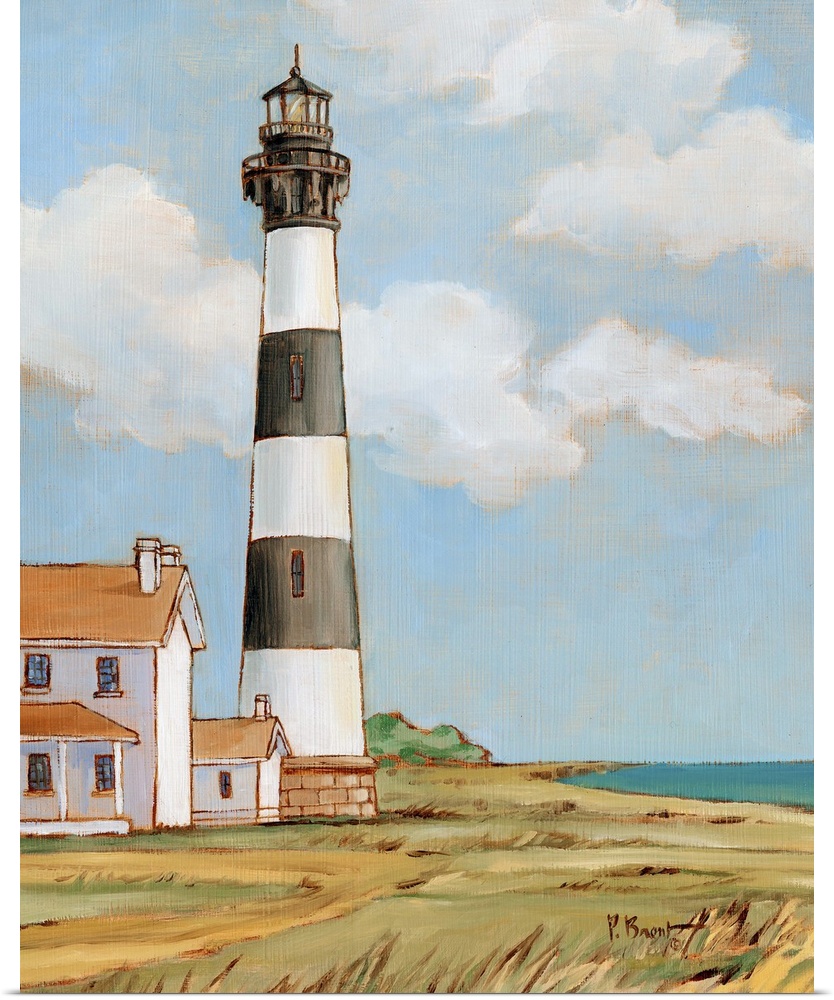 Painting of the striped Bodie Island lighthouse on the Outer Banks against a cloudy sky.