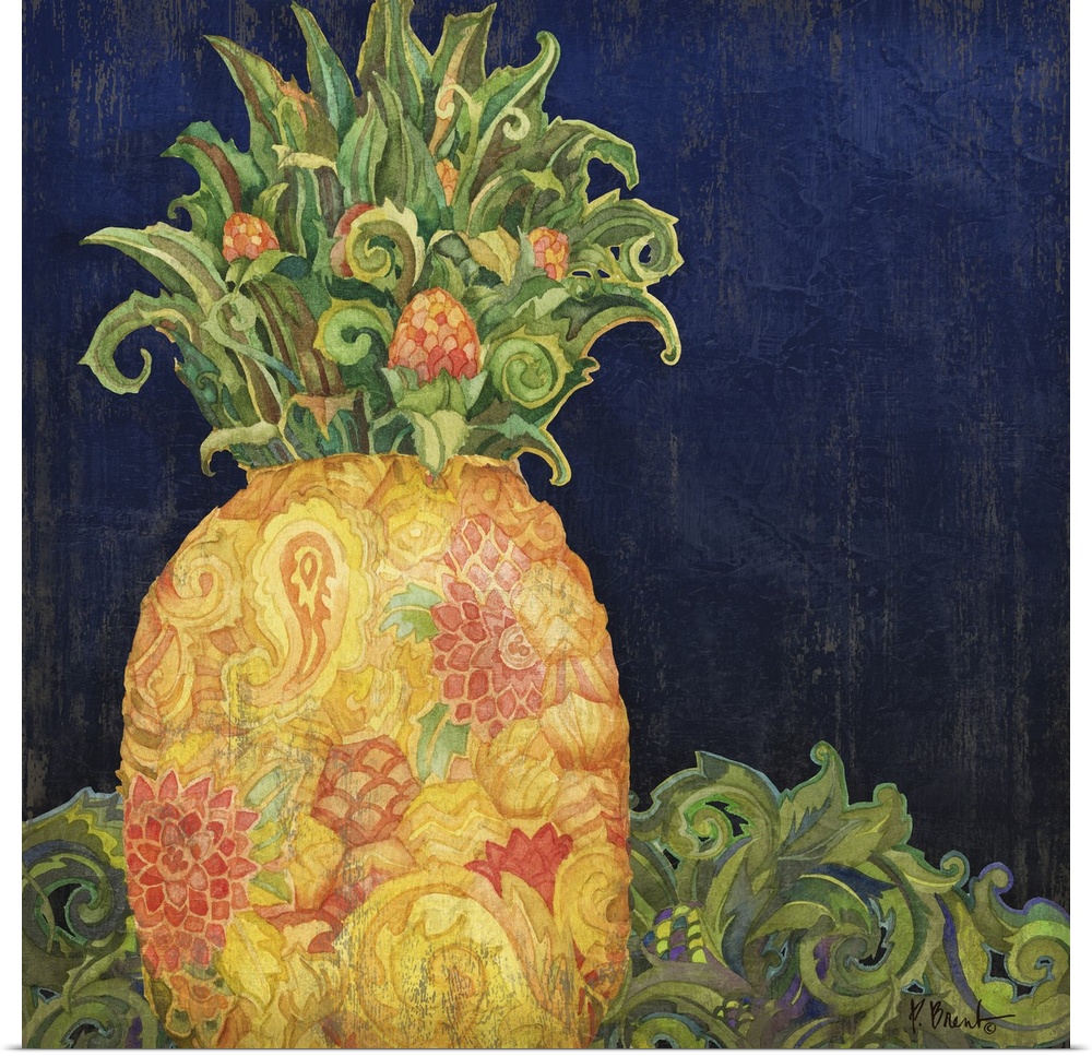 Detailed watercolor painting of a pineapple on a dark blue background.