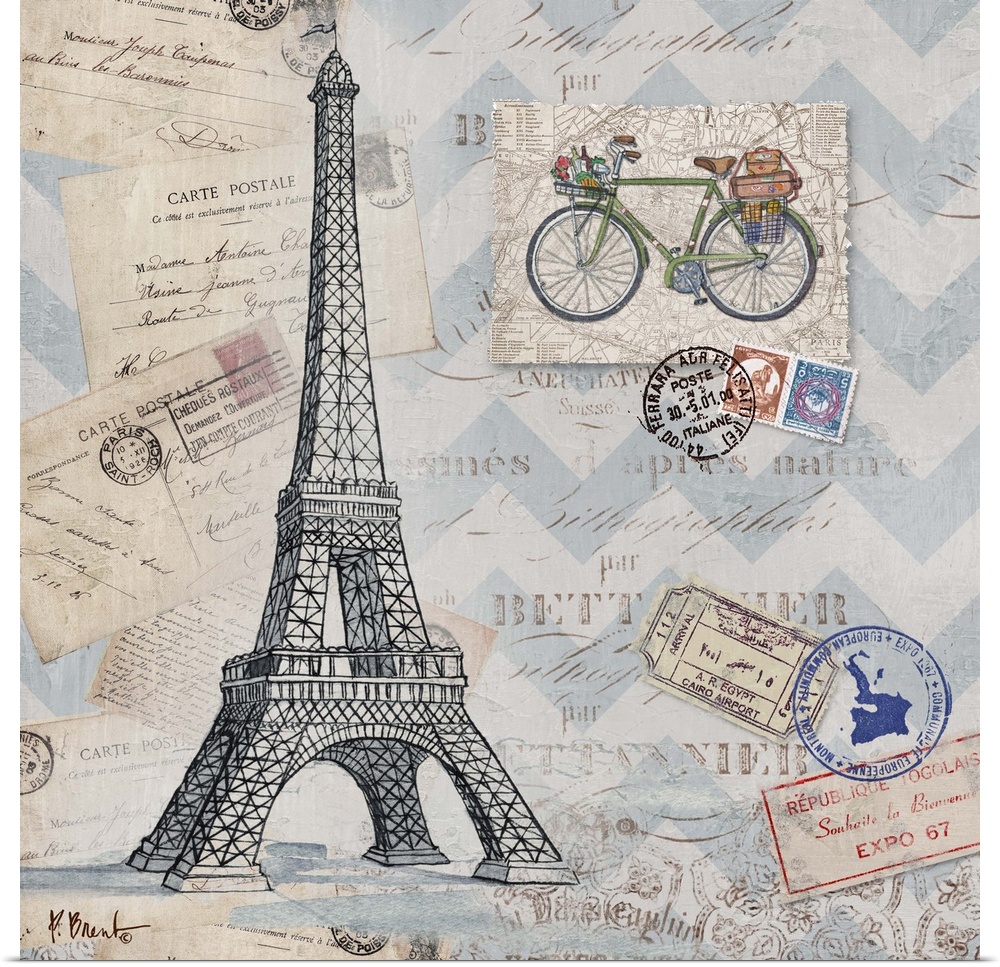 Mixed media panel showcasing a travel themed collection, including postcards, stamps, a bicycle, and the Eiffel Tower.