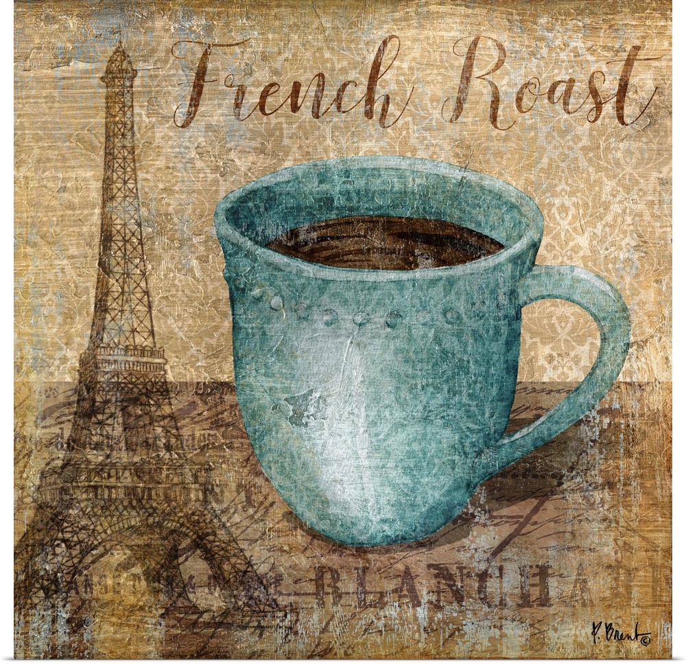 Decorative artwork of a blue mug of coffee with the words "French Roast."