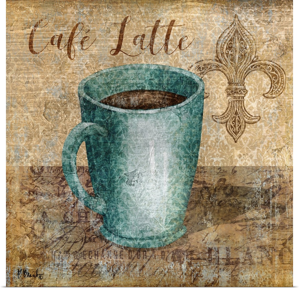 Decorative artwork of a blue mug of coffee with the words "Cafe Latte."