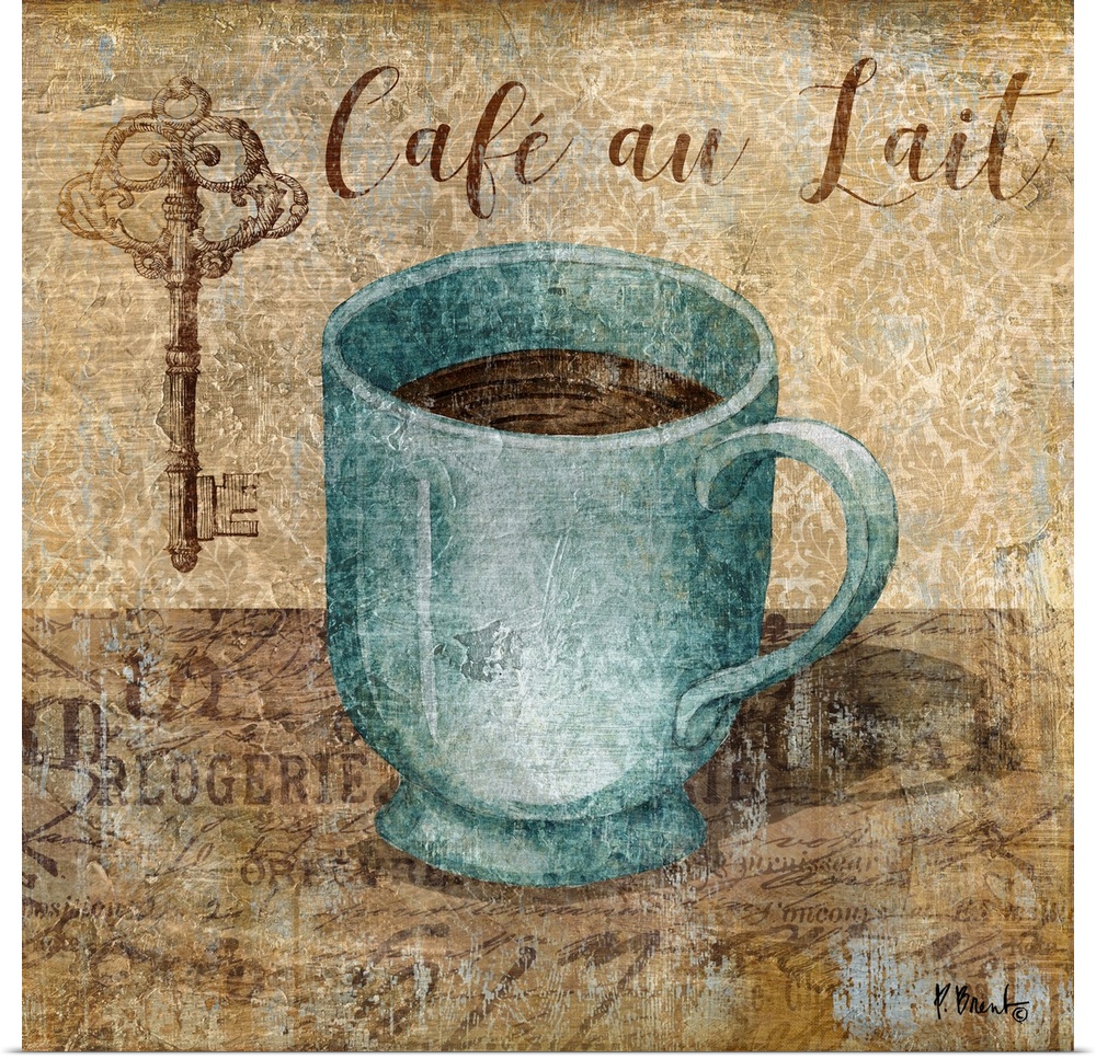 Decorative artwork of a blue mug of coffee with the words "Cafe au Lait."