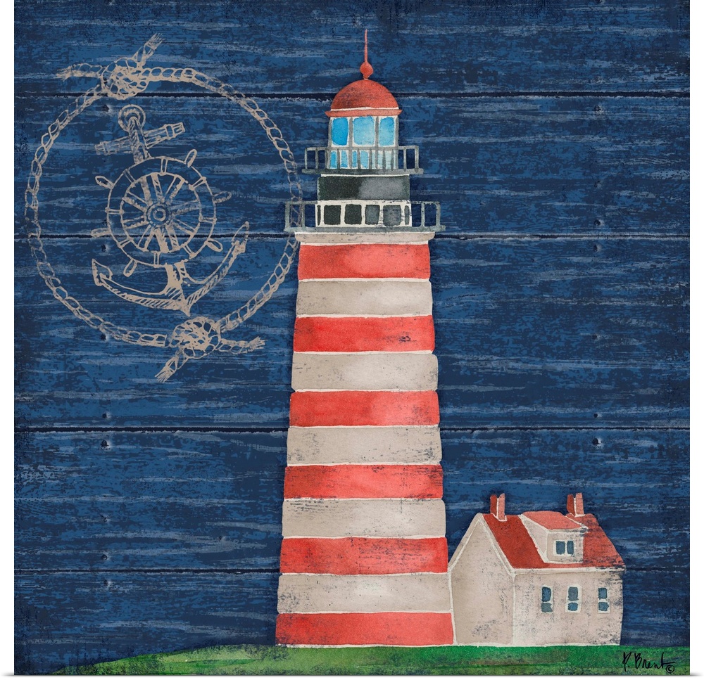 Painting of a red and white striped lighthouse on a blue wooden background.