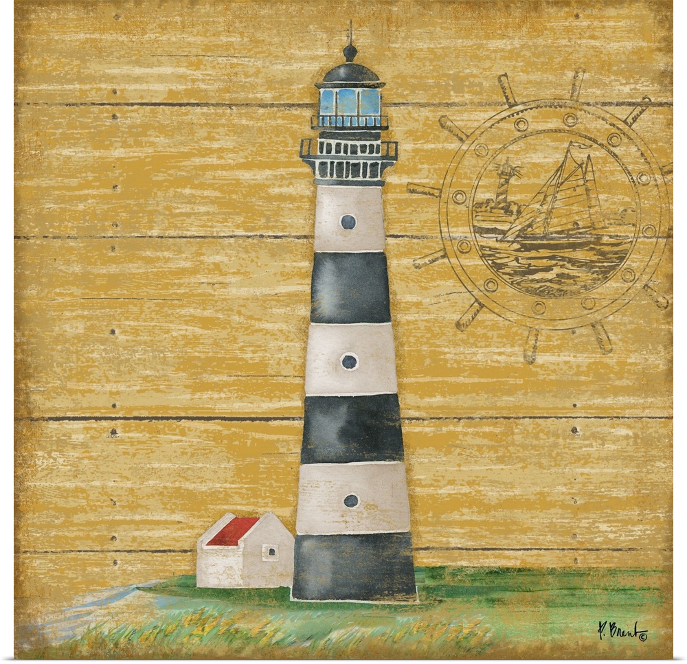 Painting of a black and white striped lighthouse on a yellow wooden background.