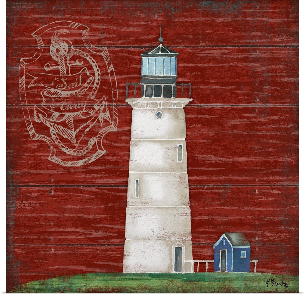 Painting of a white lighthouse on a red wooden background.