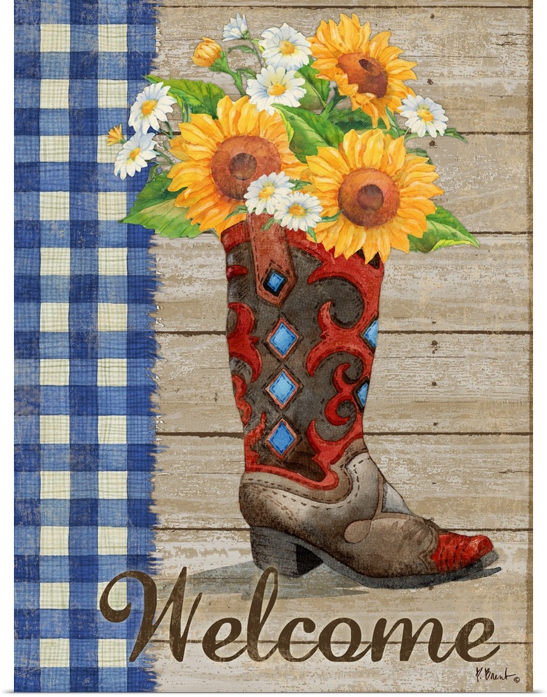 Western style decor with a cowboy boot filled with sunflowers and daisies on a wood background with a blue and white check...