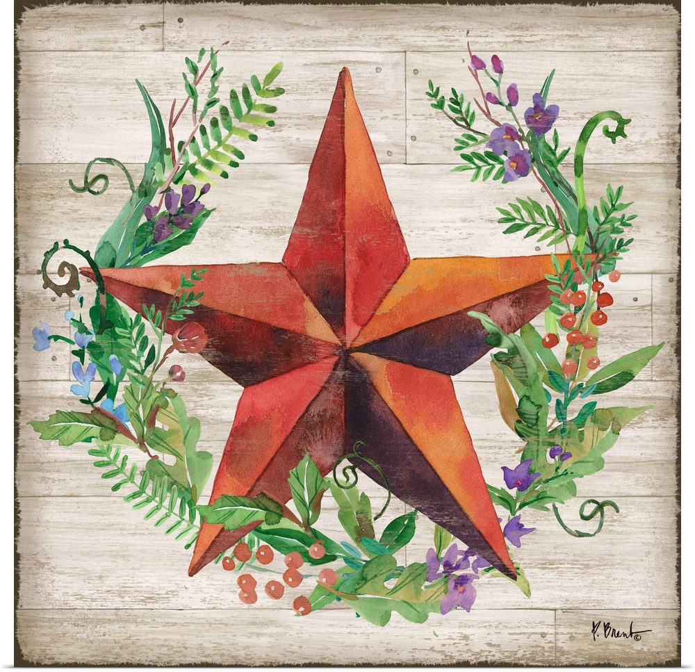 Square decor with a red barn star resting inside a wreath made with greenery and flowers on a faux wood background.