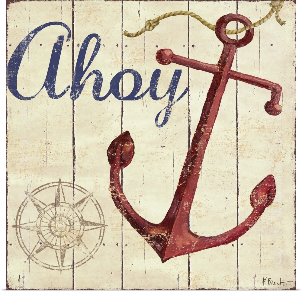 Painted nautical sign on wood panels with a compass rose, an anchor, and the word Ahoy.