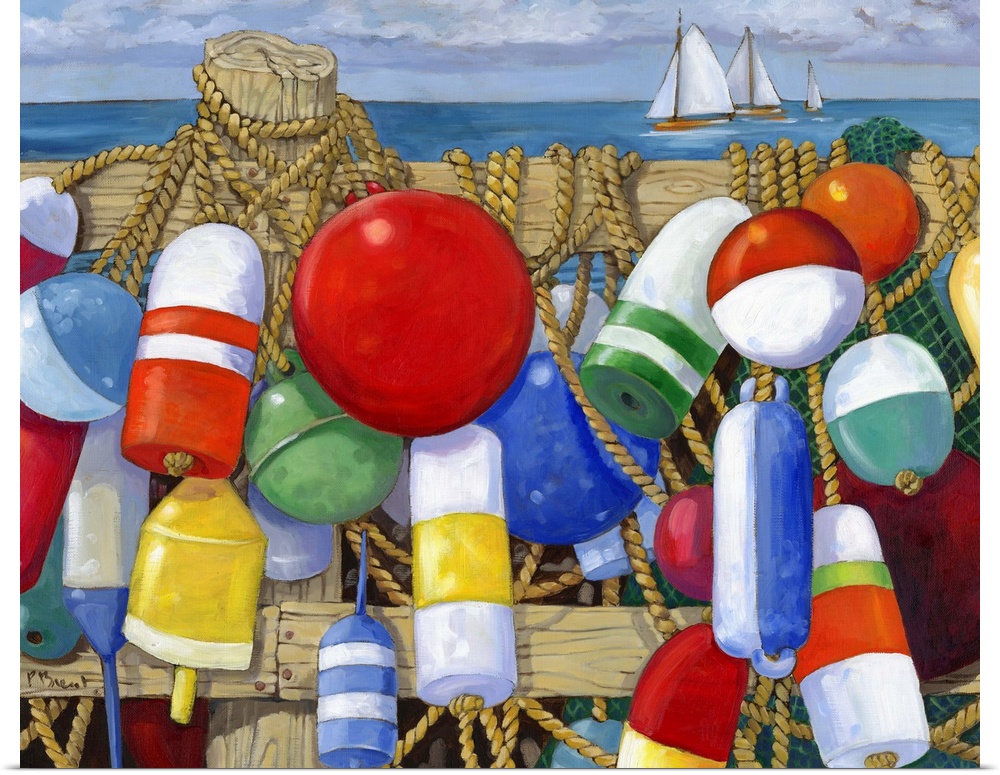 Contemporary painting of a group of buoys and rope hanging on a pier.