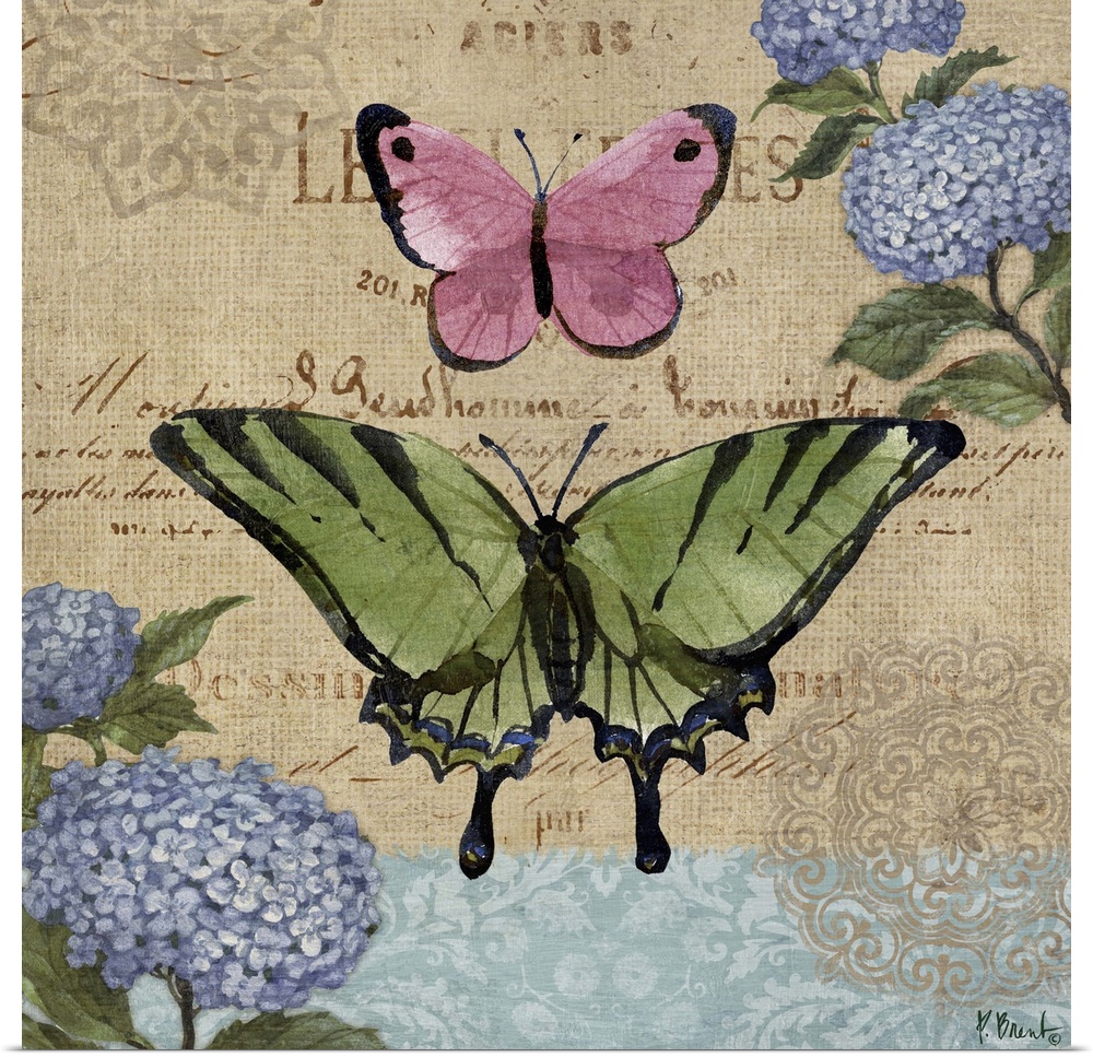 Decorative mixed media panel featuring two colorful butterflies, hydrangeas, and a vintage letter.