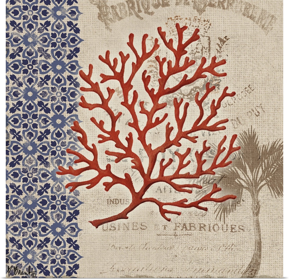 Decorative mixed media panel featuring a coral silhouette, a vintage letter, and a floral pattern.