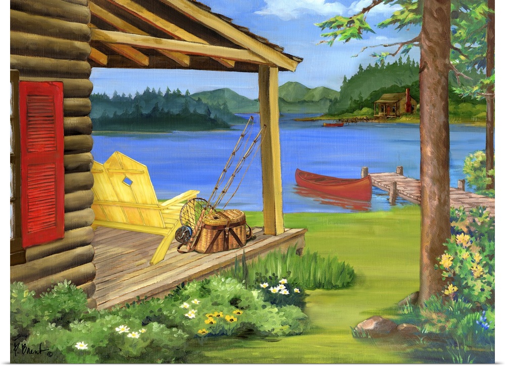 Contemporary painting of a cabin with a chair on the porch and a canoe at the dock.