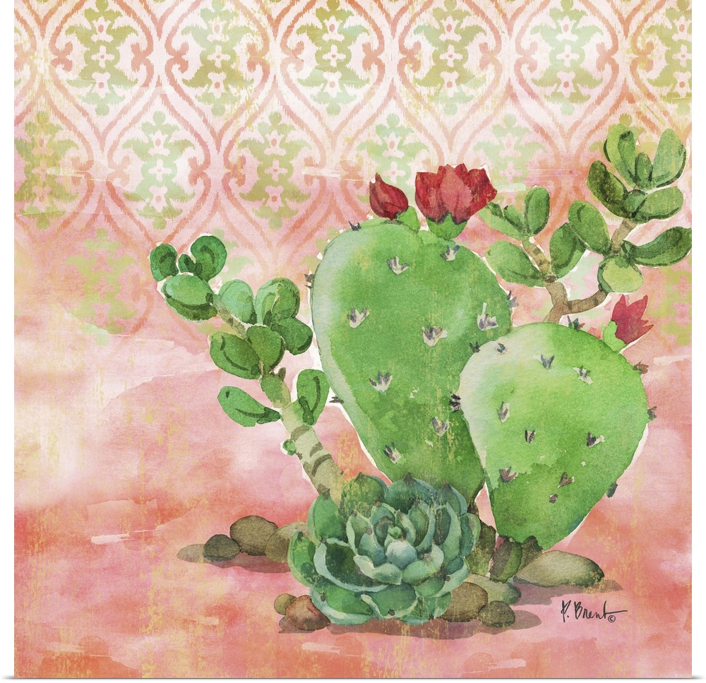 Square watercolor painting of cacti and a succulent on a light coral and green patterned background.