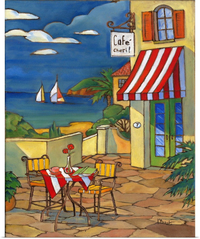 Illustration of a cafe in France by the sea, with a striped awning.