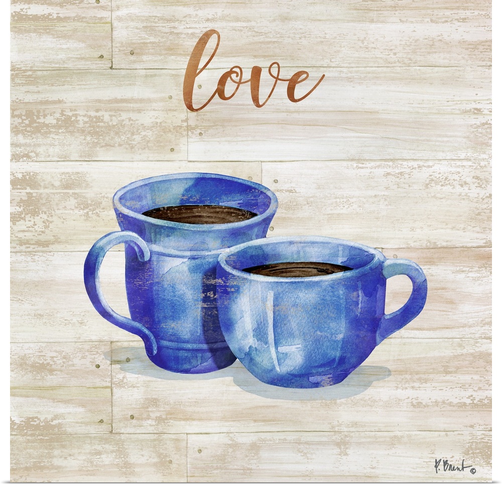 Square decor with two mugs of coffee on a faux wood background with "love" written at the top.