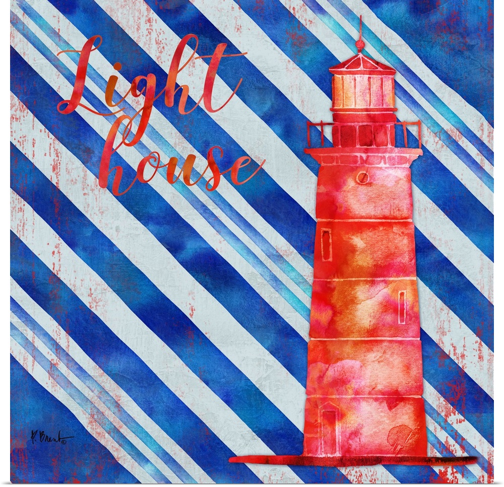 Square nautical decor in red, white, and blue with an illustrated lighthouse in the center and "Lighthouse" written at the...