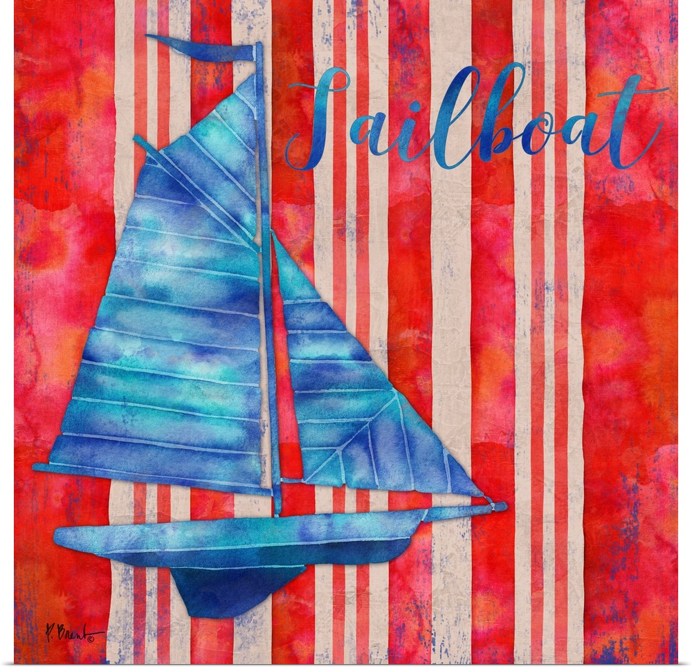 Square nautical decor in red, white, and blue with an illustrated sailboat in the center and "Sailboat" written at the top.