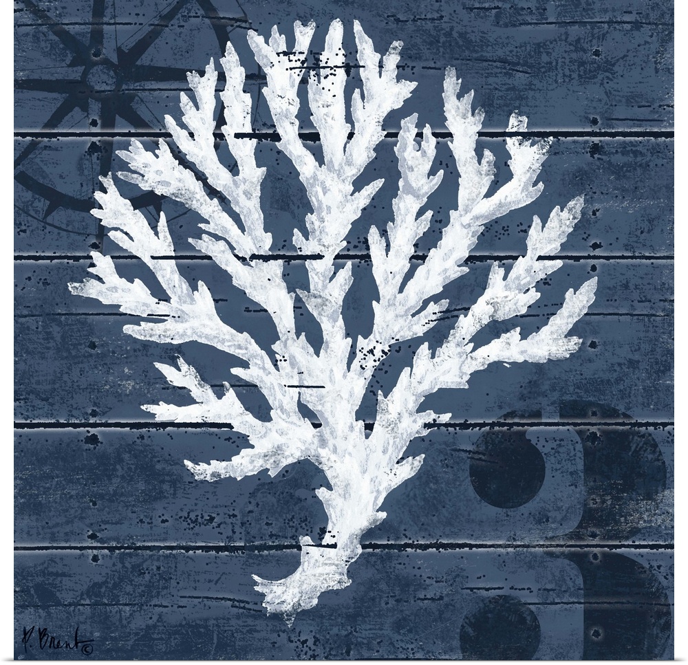 Contemporary decorative artwork of a coral illustration on a dark, nautical background.