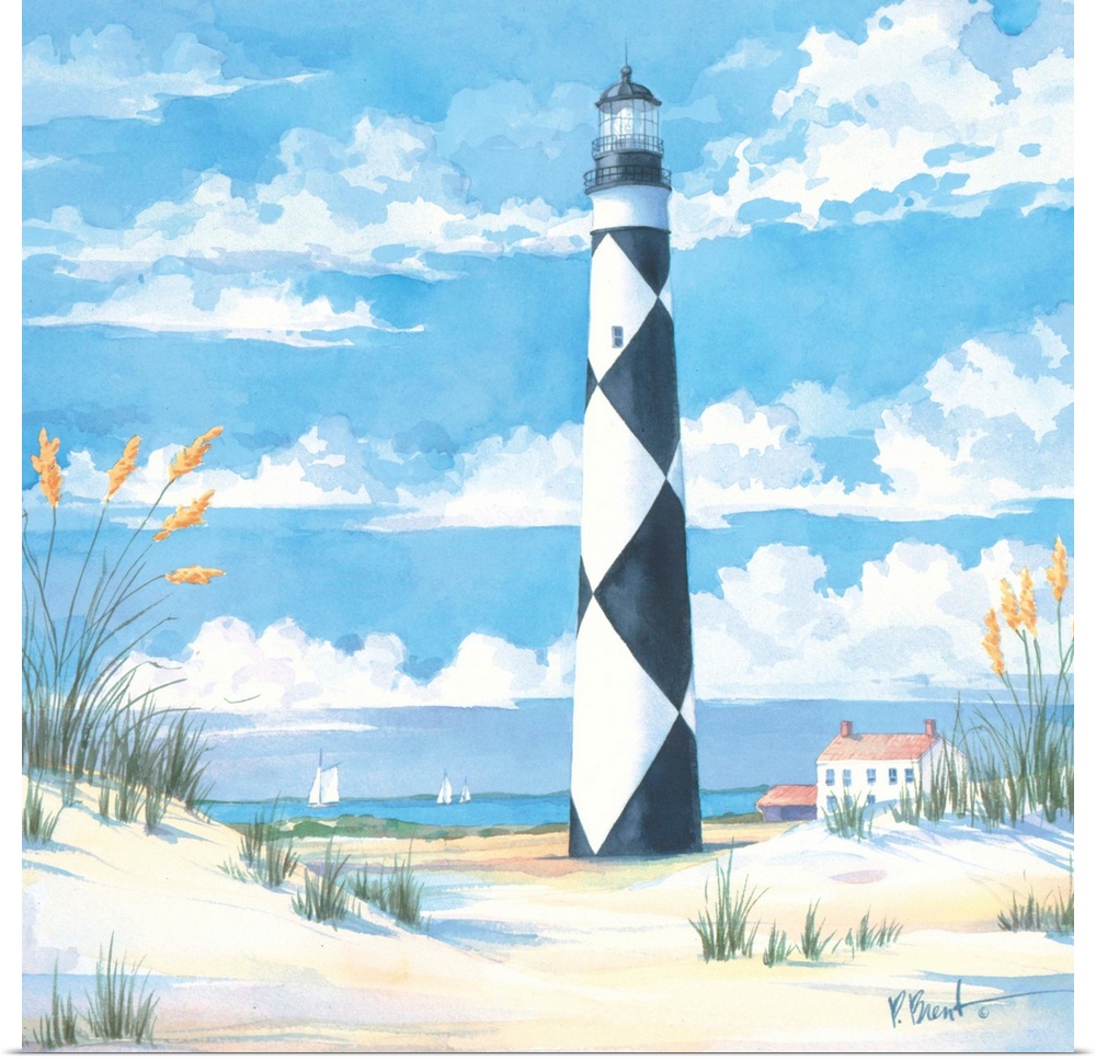 Watercolor painting of a lighthouse painted with a diamond pattern on a sandy beach.