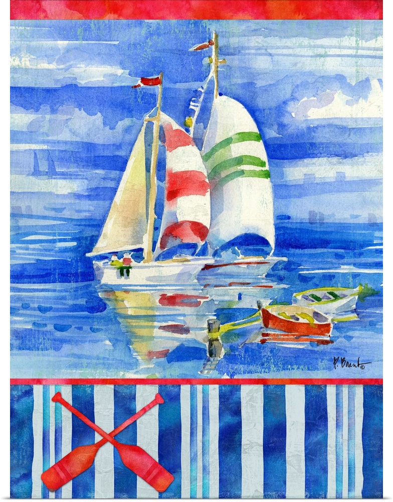 Watercolor painting of sailboats in the ocean with a striped bottom and an illustration of two oars - in red, white, and b...